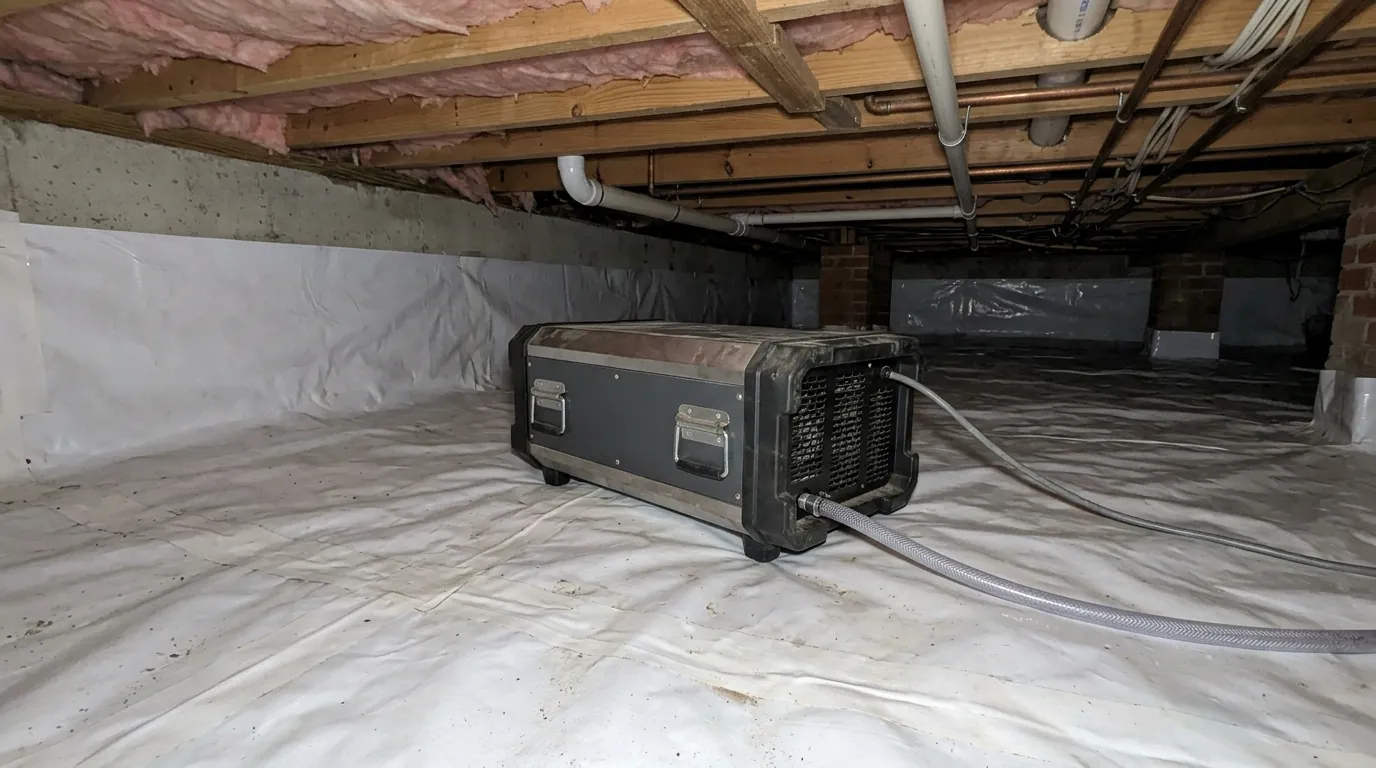 Crawl space dehumidifier on a sealed liner under a home near Newark