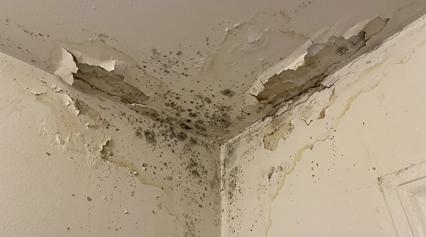 Mold on a bathroom ceiling corner in a Newark apartment