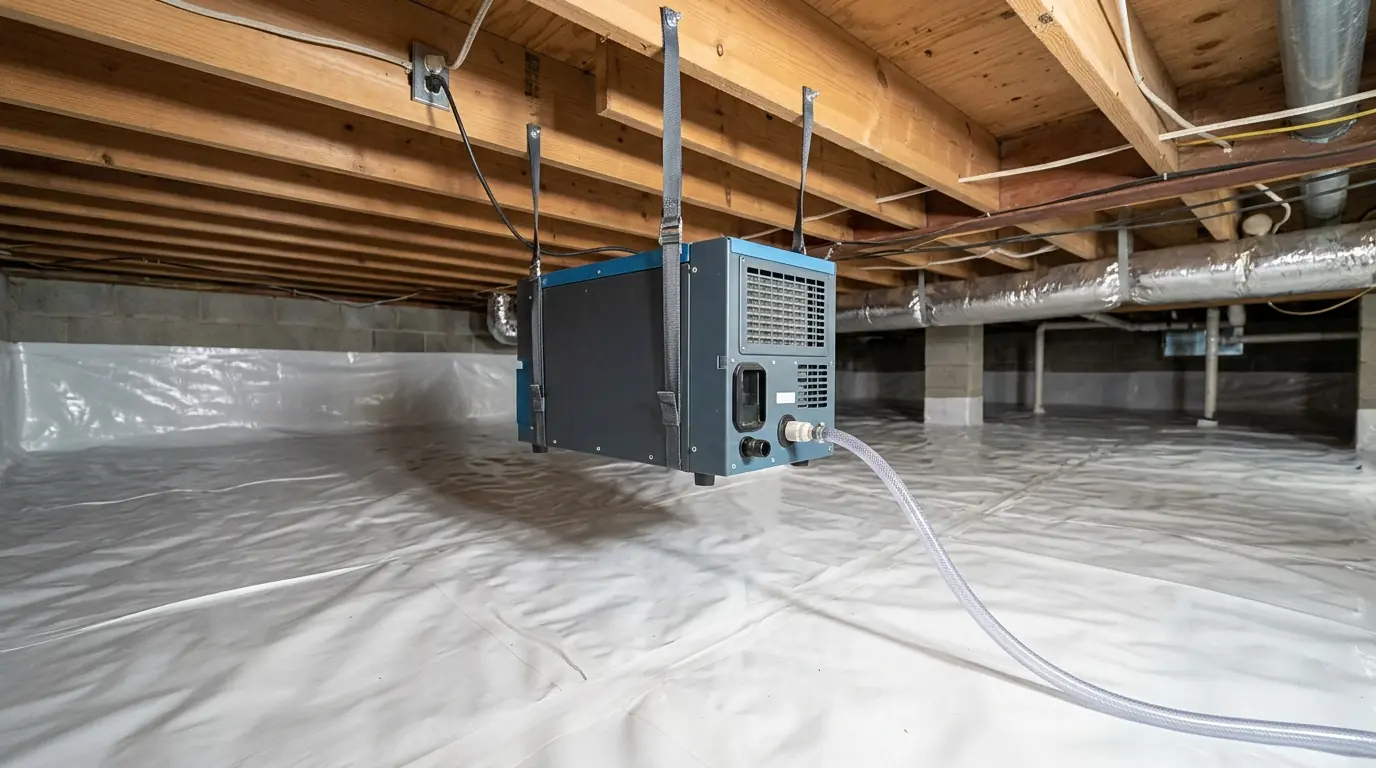 Crawl space dehumidifier installed over a sealed liner