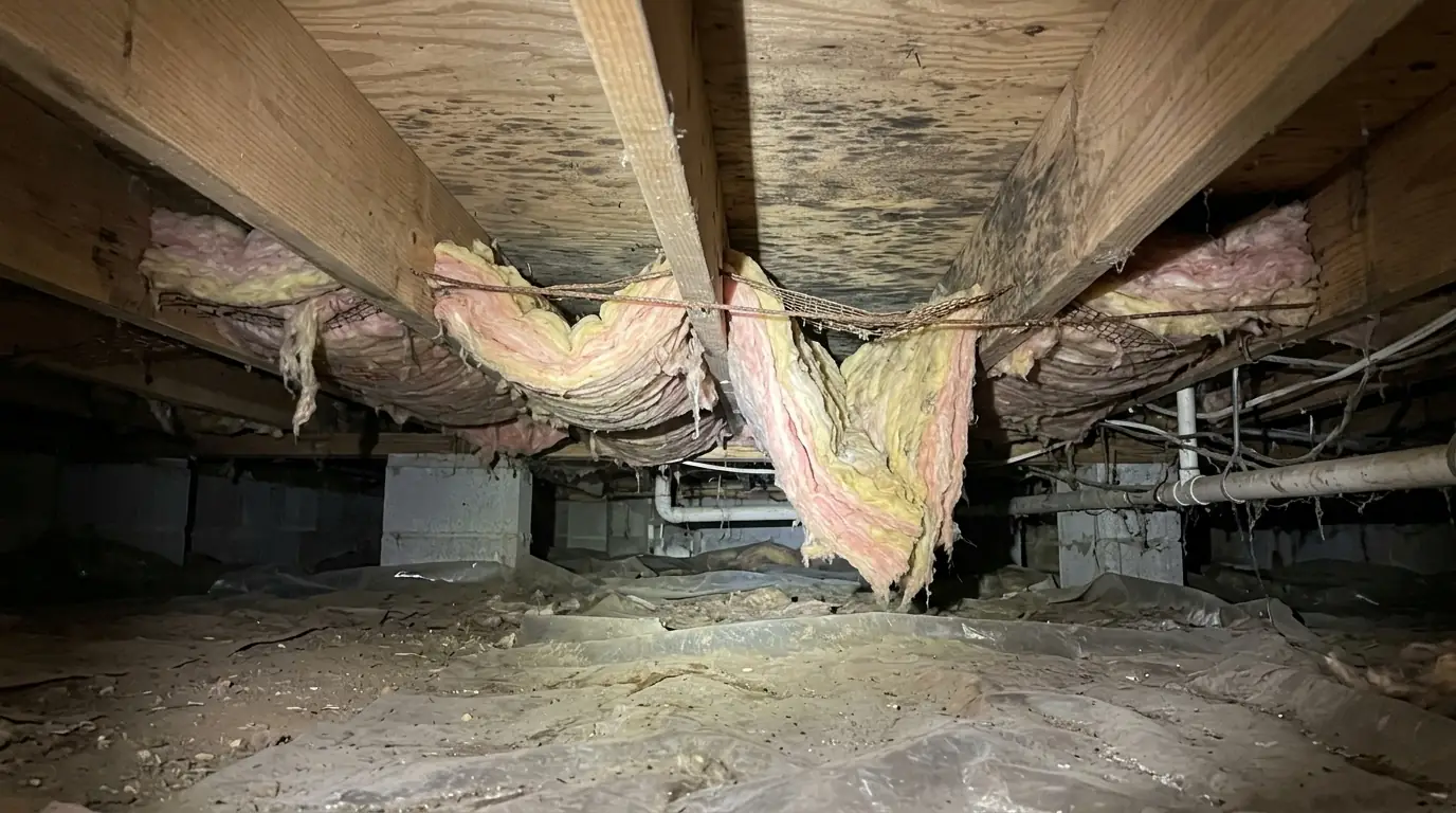 Sagging insulation and mold on crawl space joists near Newark