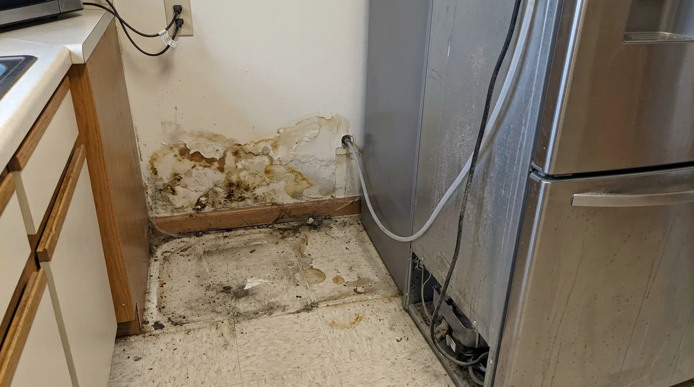 Stained wall behind a refrigerator ice line leak in Newark
