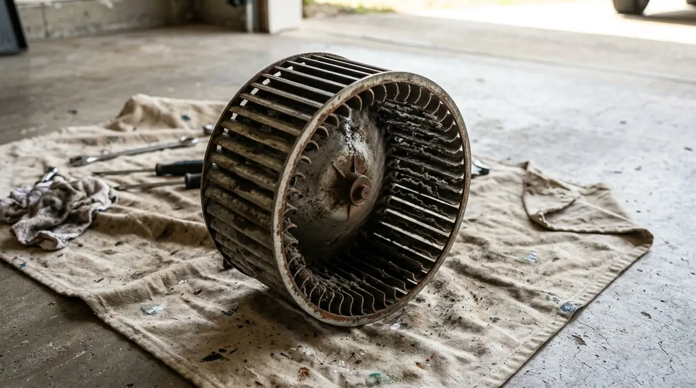 Dirty blower wheel removed for cleaning from a Newark air handler