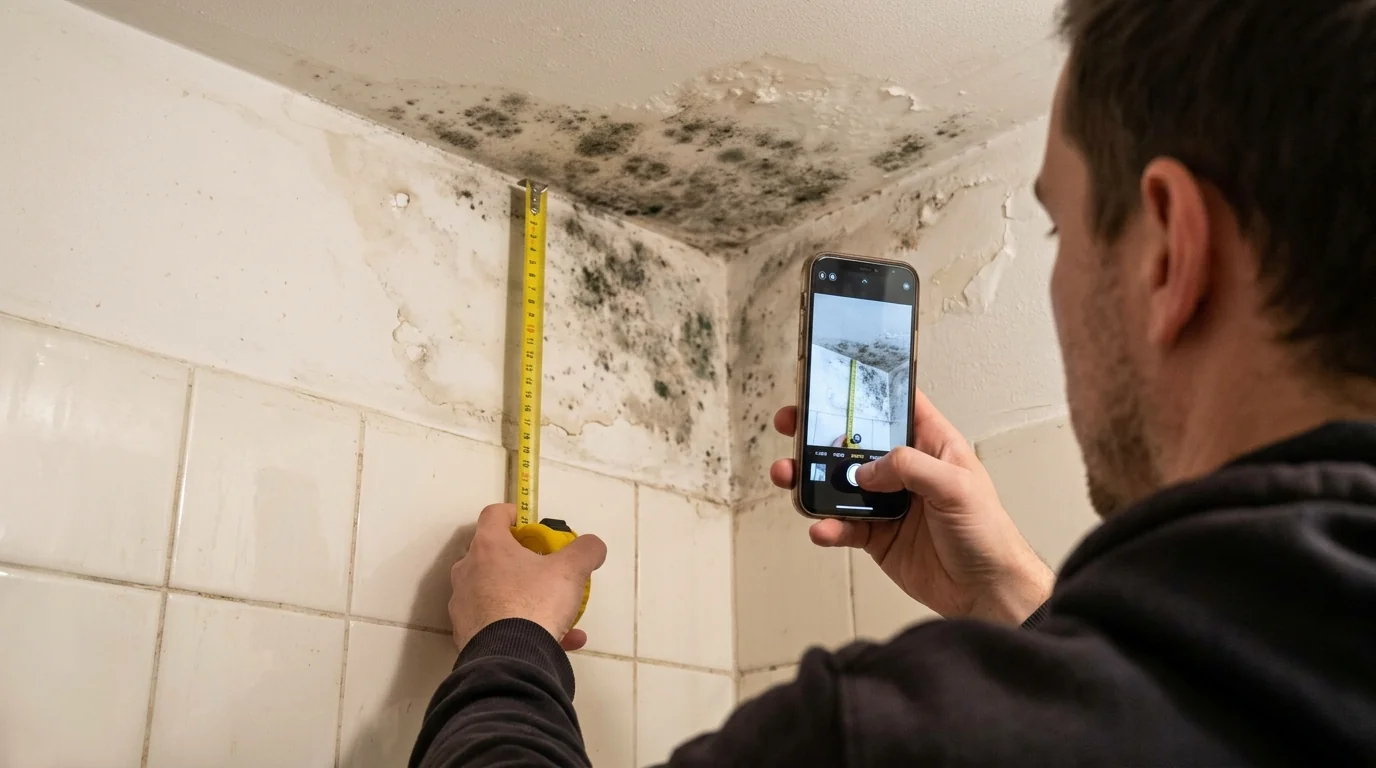 Tenant photographing bathroom ceiling mold with a tape measure for scale