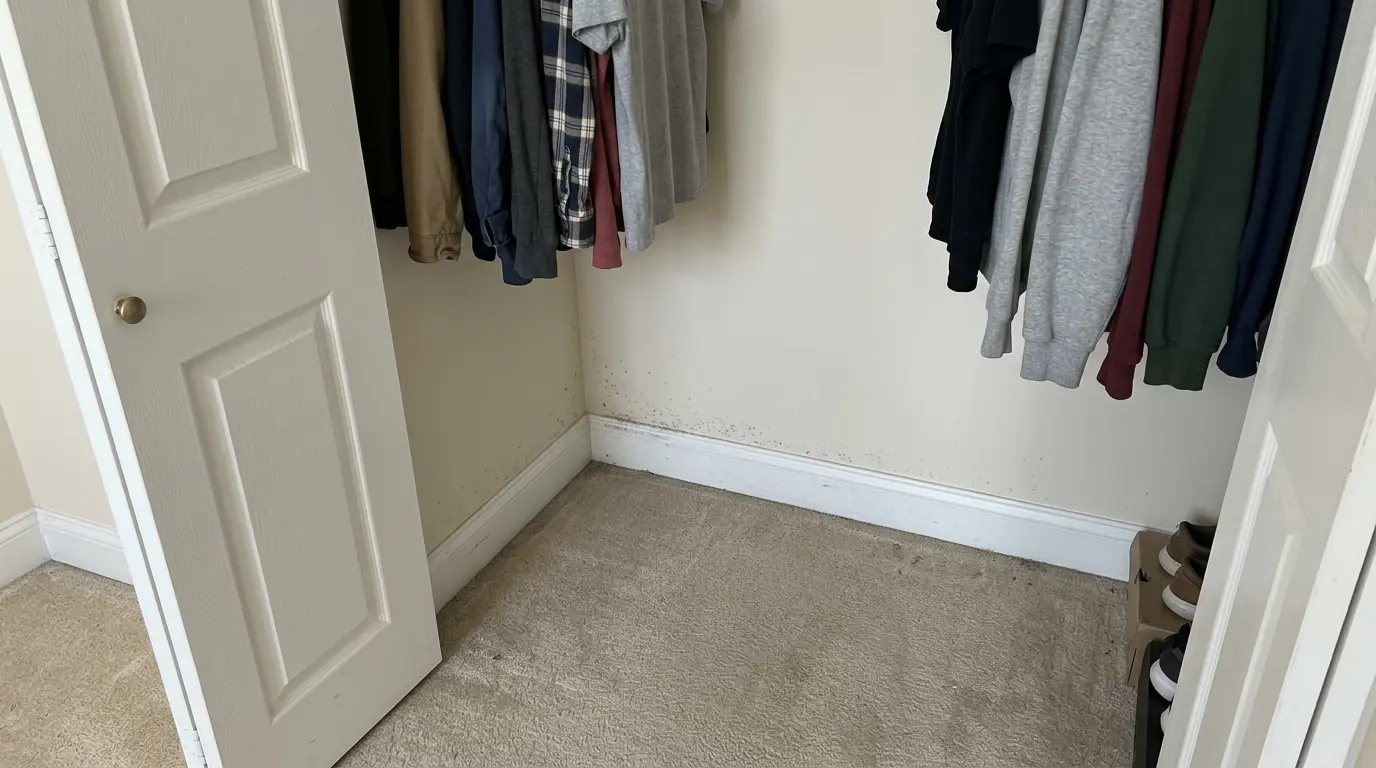 Musty closet on an exterior wall checked for mold in a Newark home