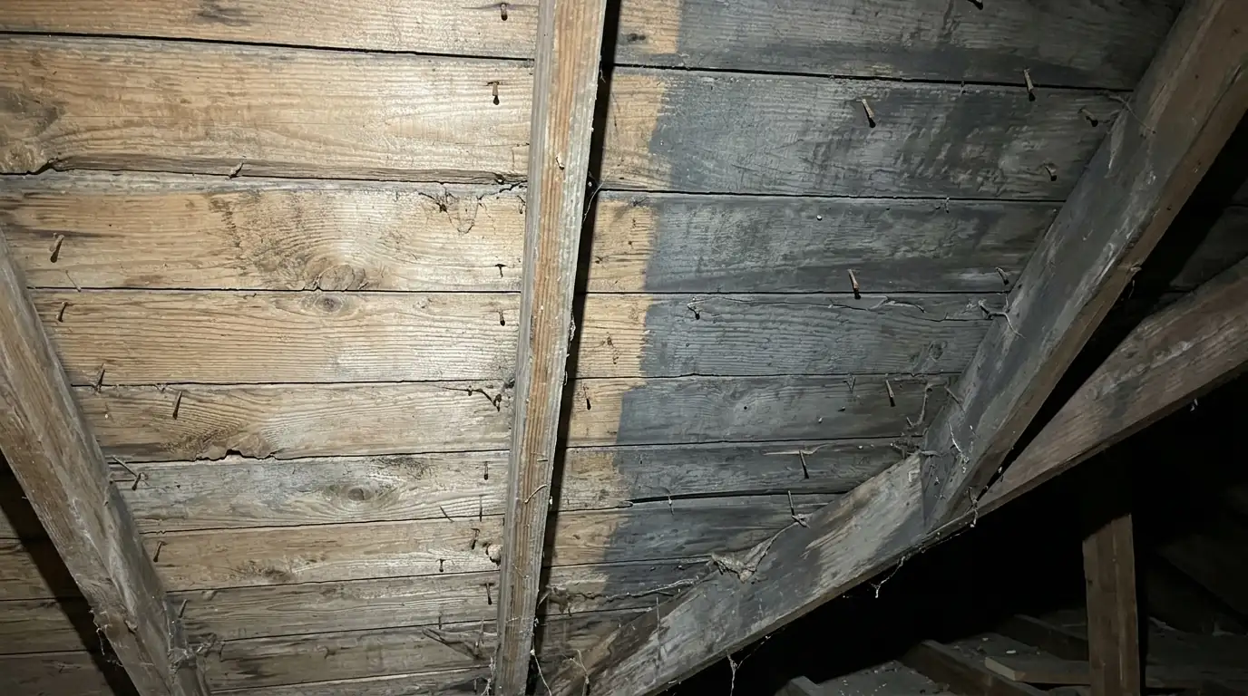 Roof sheathing partly cleaned of mold in an attic near Newark