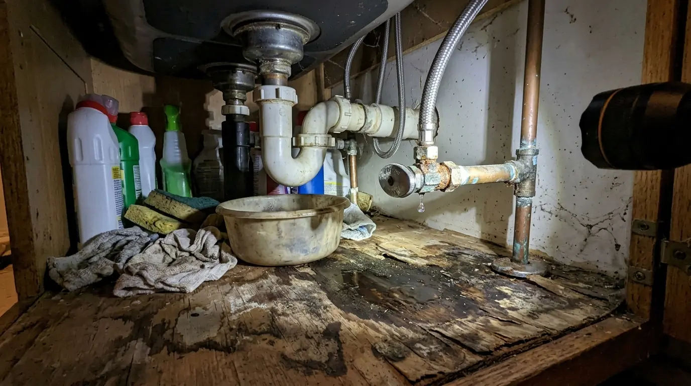 Dripping supply valve and stained sink base in a Newark kitchen
