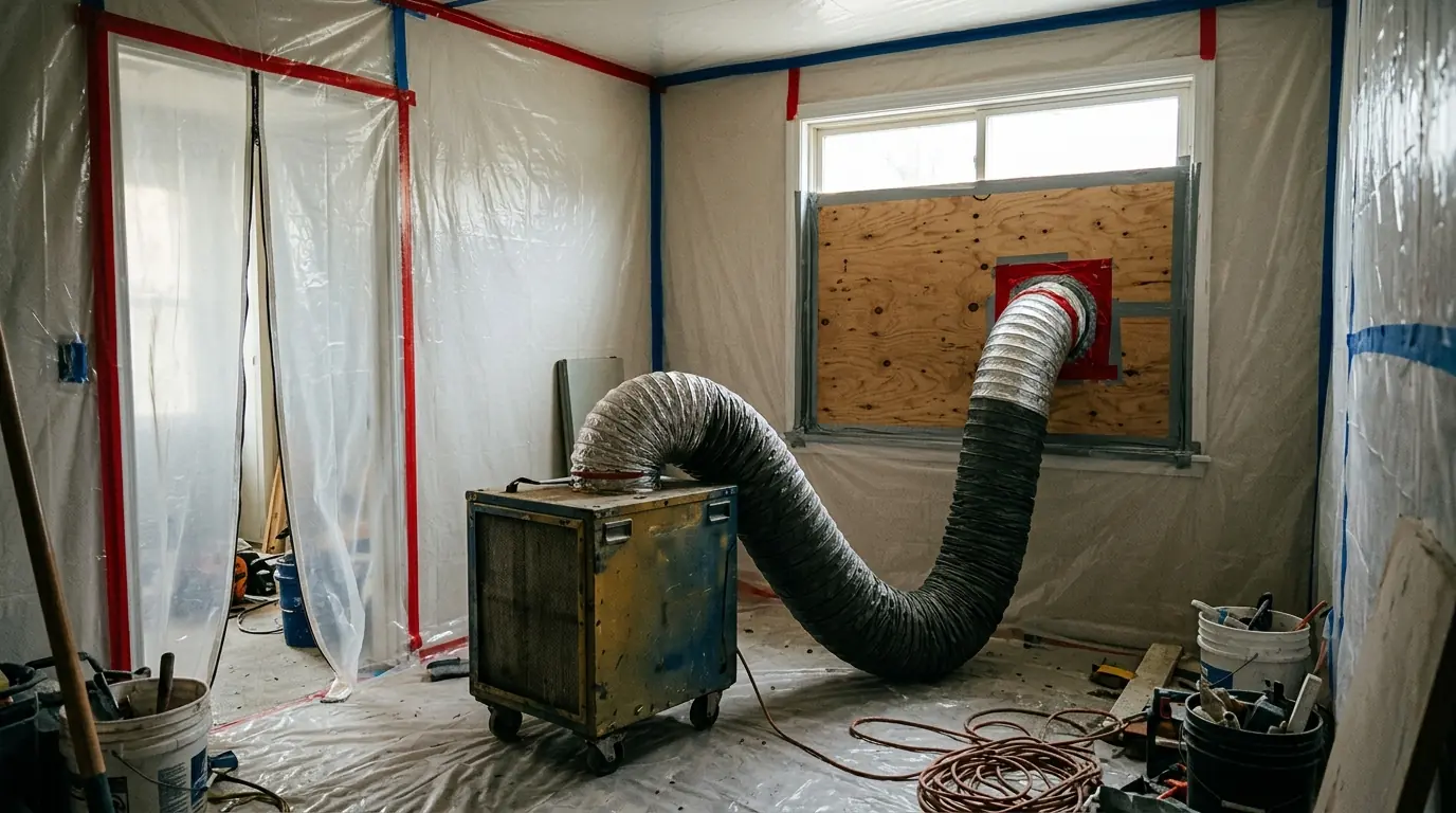 Negative air machine exhausting a contained work area in Newark