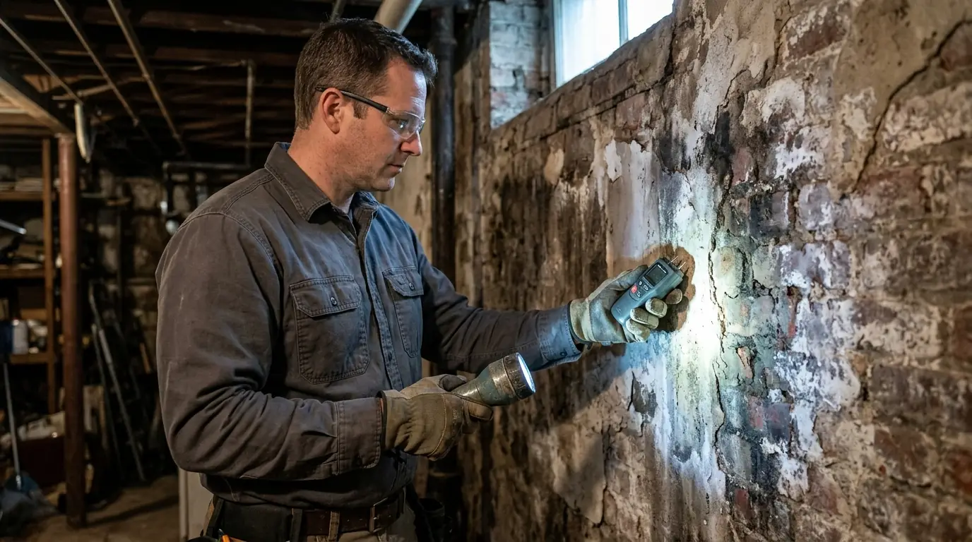 Mold inspector taking basement wall readings in a Newark, NJ home