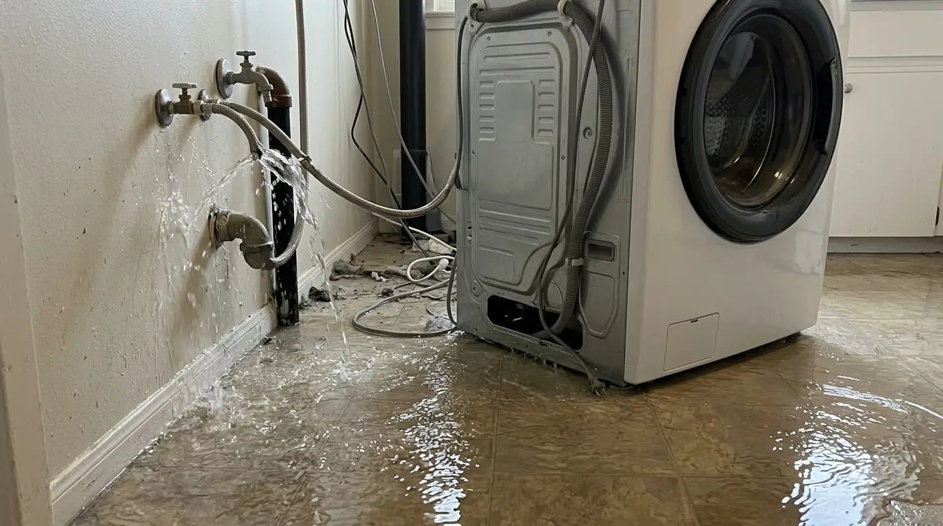 Burst washing machine hose leak assessed for water damage in Newark