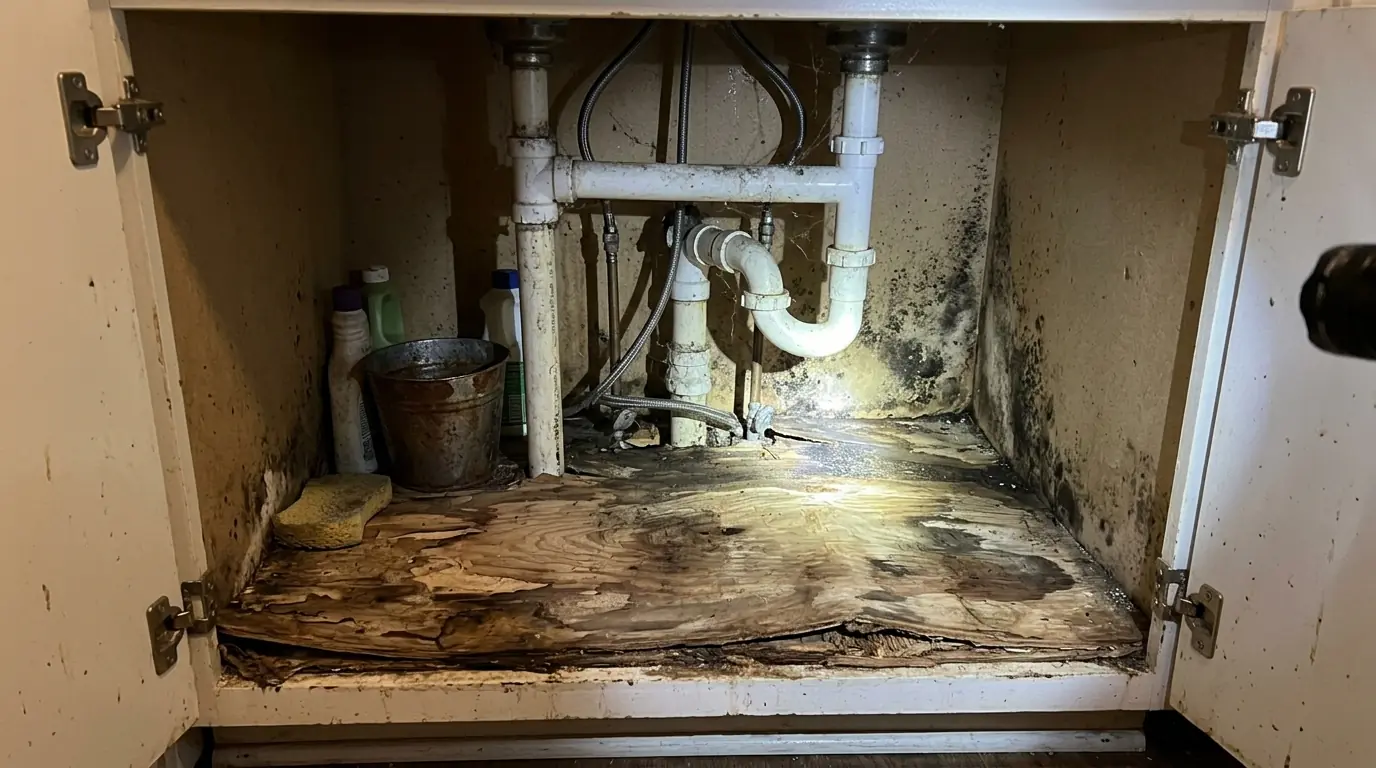 Mold inside a kitchen sink base cabinet in Newark, NJ