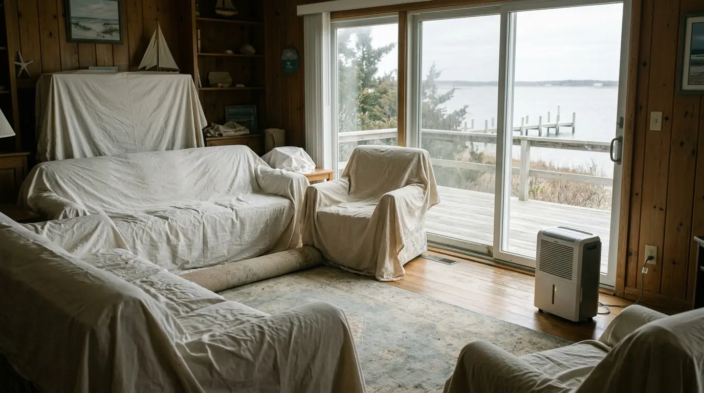 Closed shore house with a dehumidifier running in Atlantic County, NJ