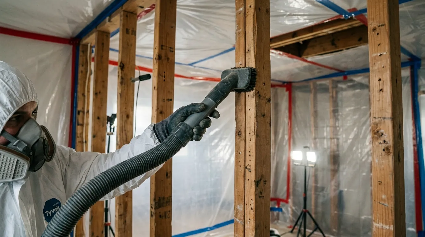 HEPA vacuuming wall framing after mold removal in Newark