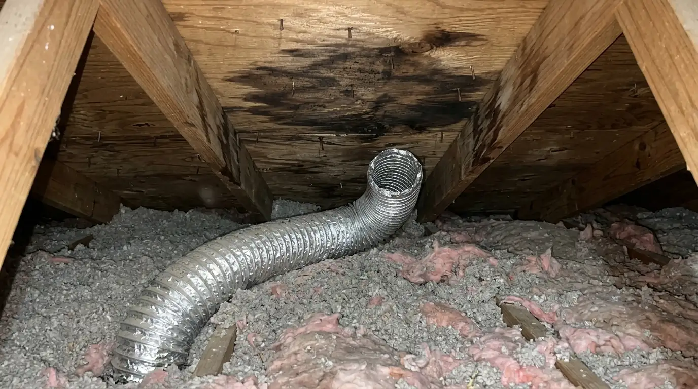 Bath fan duct venting into an attic under stained sheathing in Newark, NJ