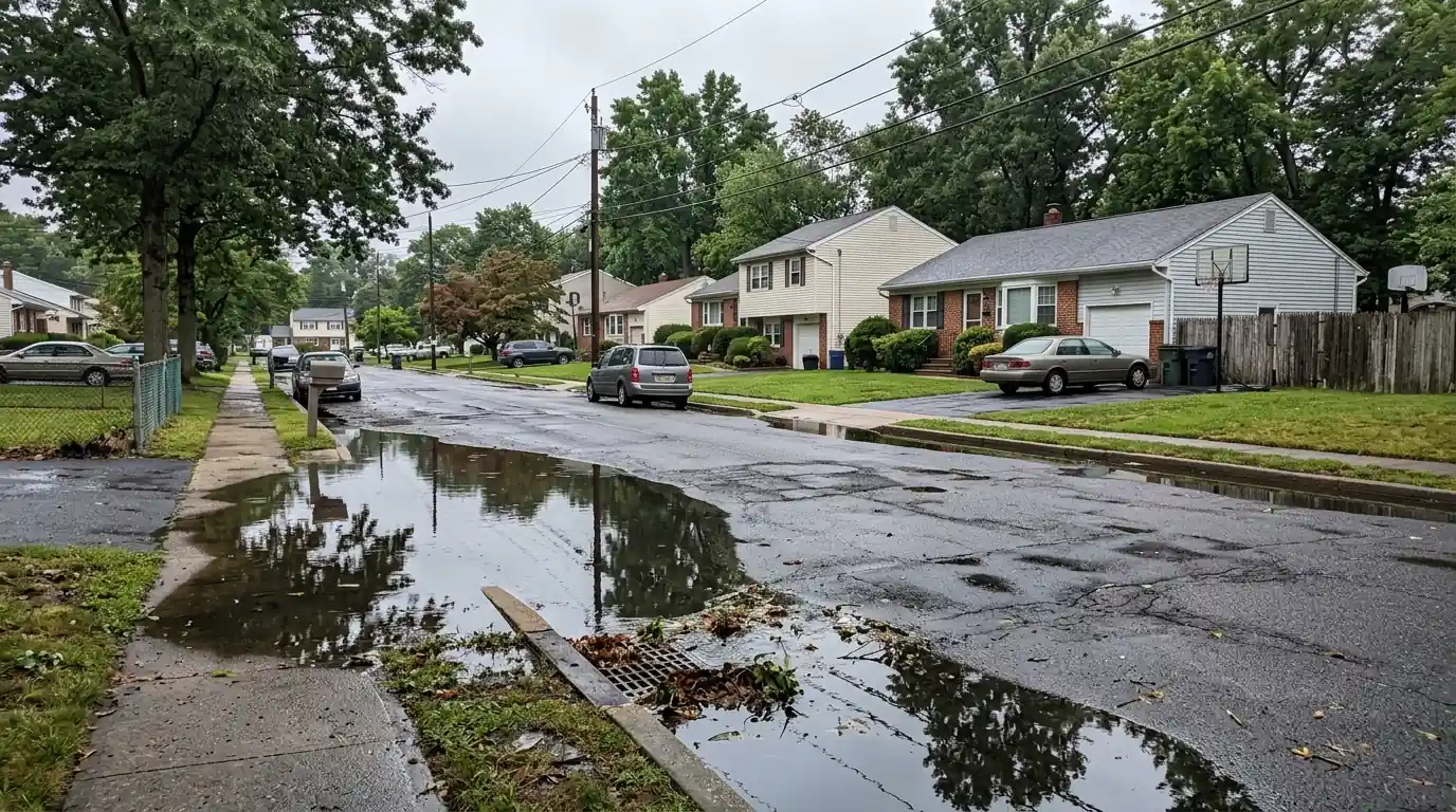 Flooded suburban street in Woodbridge, NJ after heavy rain