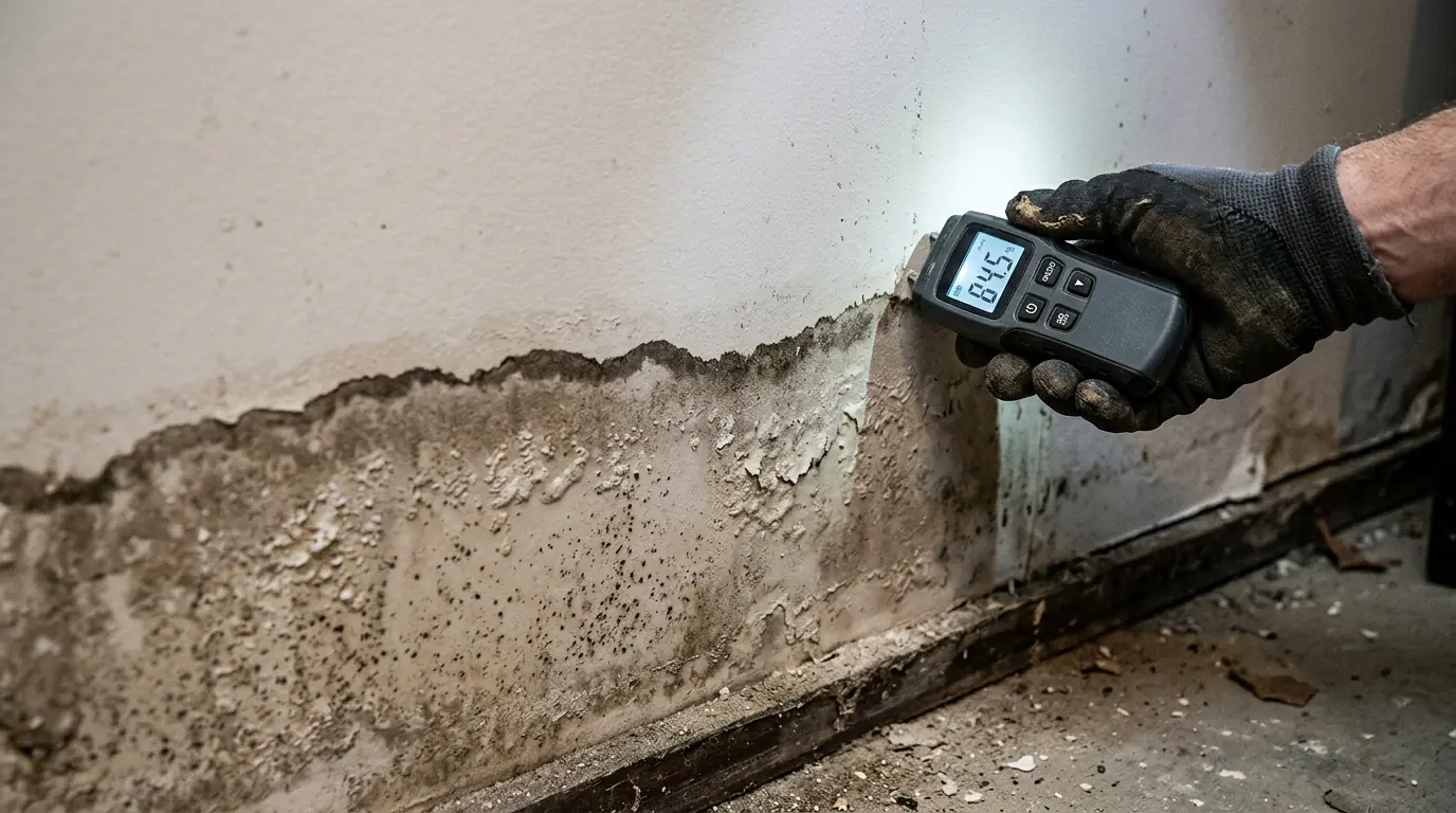 Flood water line measured on basement drywall in Newark