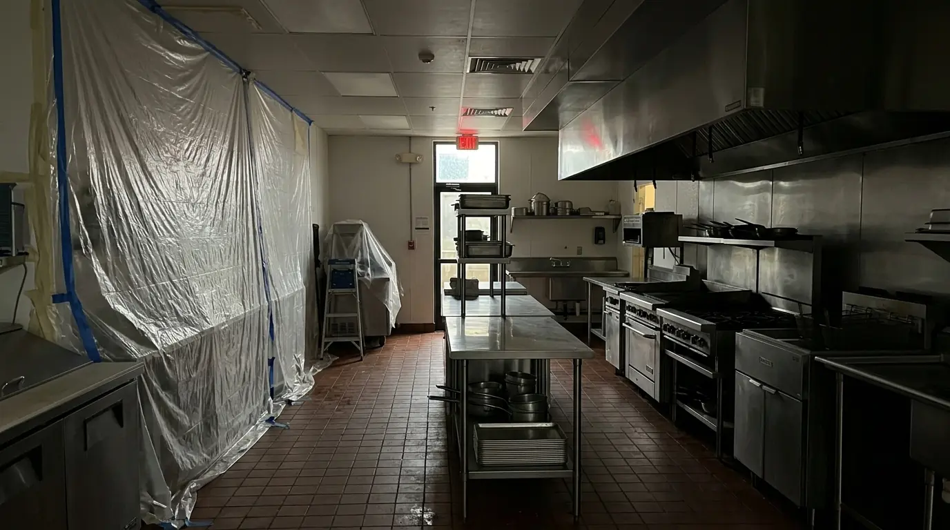 Restaurant kitchen wall sealed for mold removal after closing in Newark