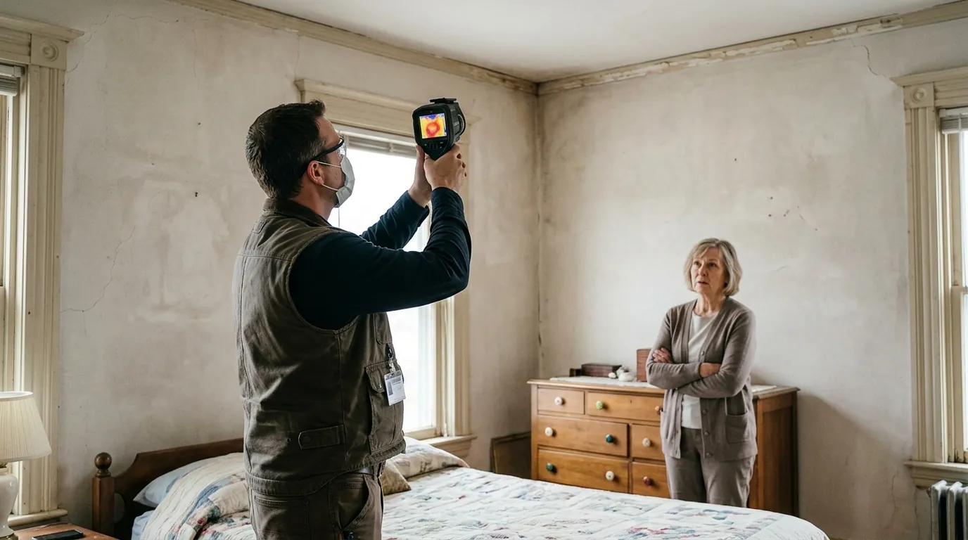 Inspector scanning a ceiling corner with a thermal camera during a mold inspection in Newark, NJ