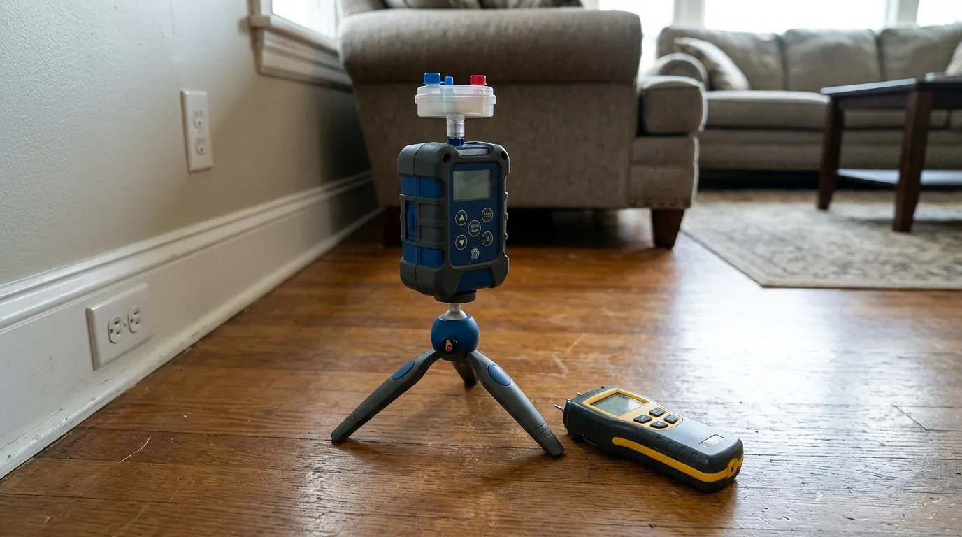 Air sample being collected with a spore trap pump in a Newark, NJ home