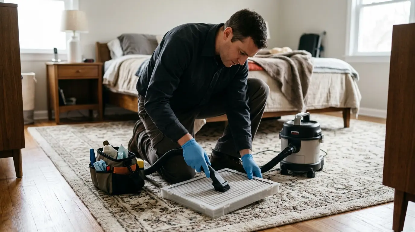 Settled dust being collected for ERMI testing in a Newark, NJ bedroom