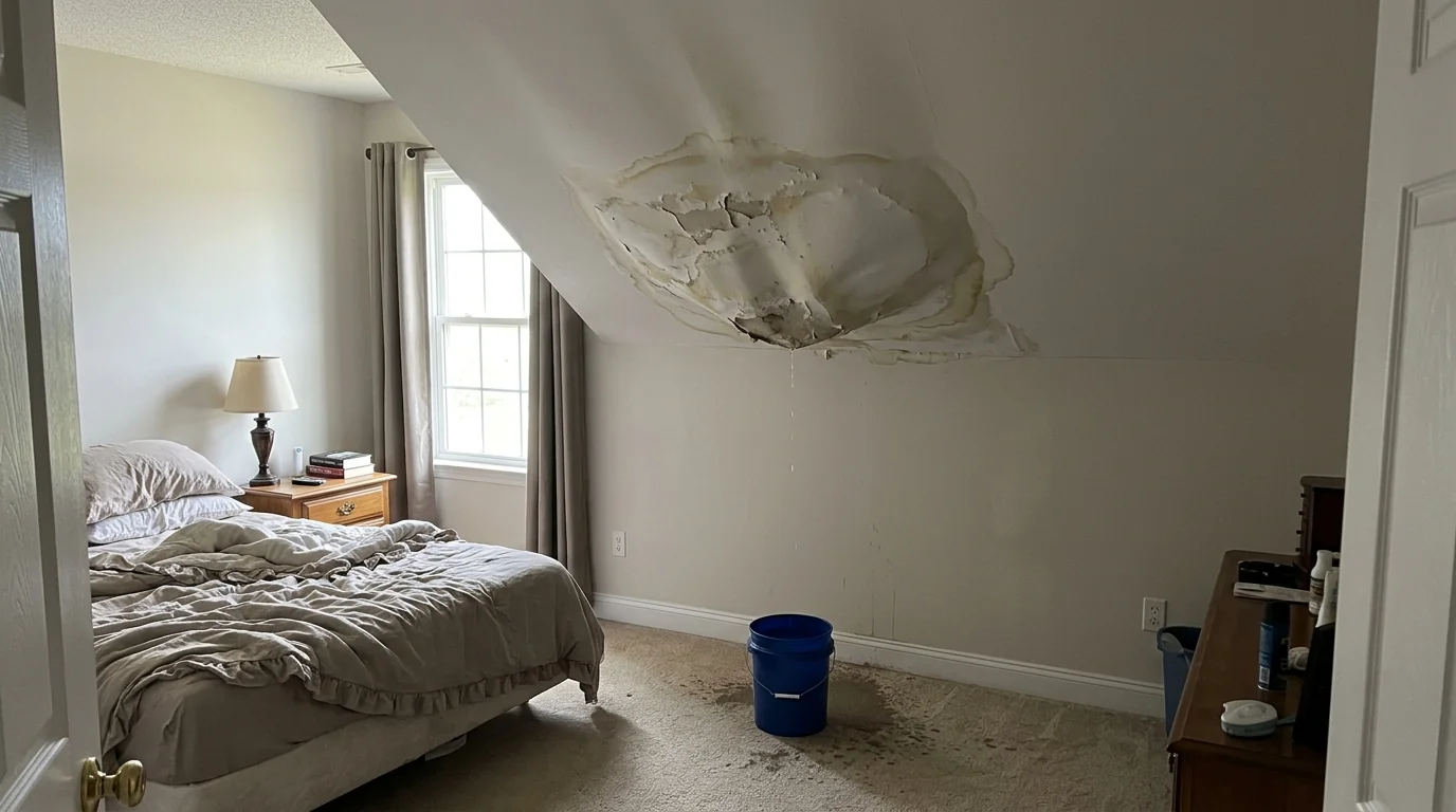 Water-stained sagging ceiling assessed after a roof leak in Newark