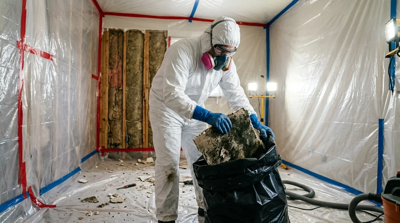 Drywall with black mold bagged inside containment in Newark