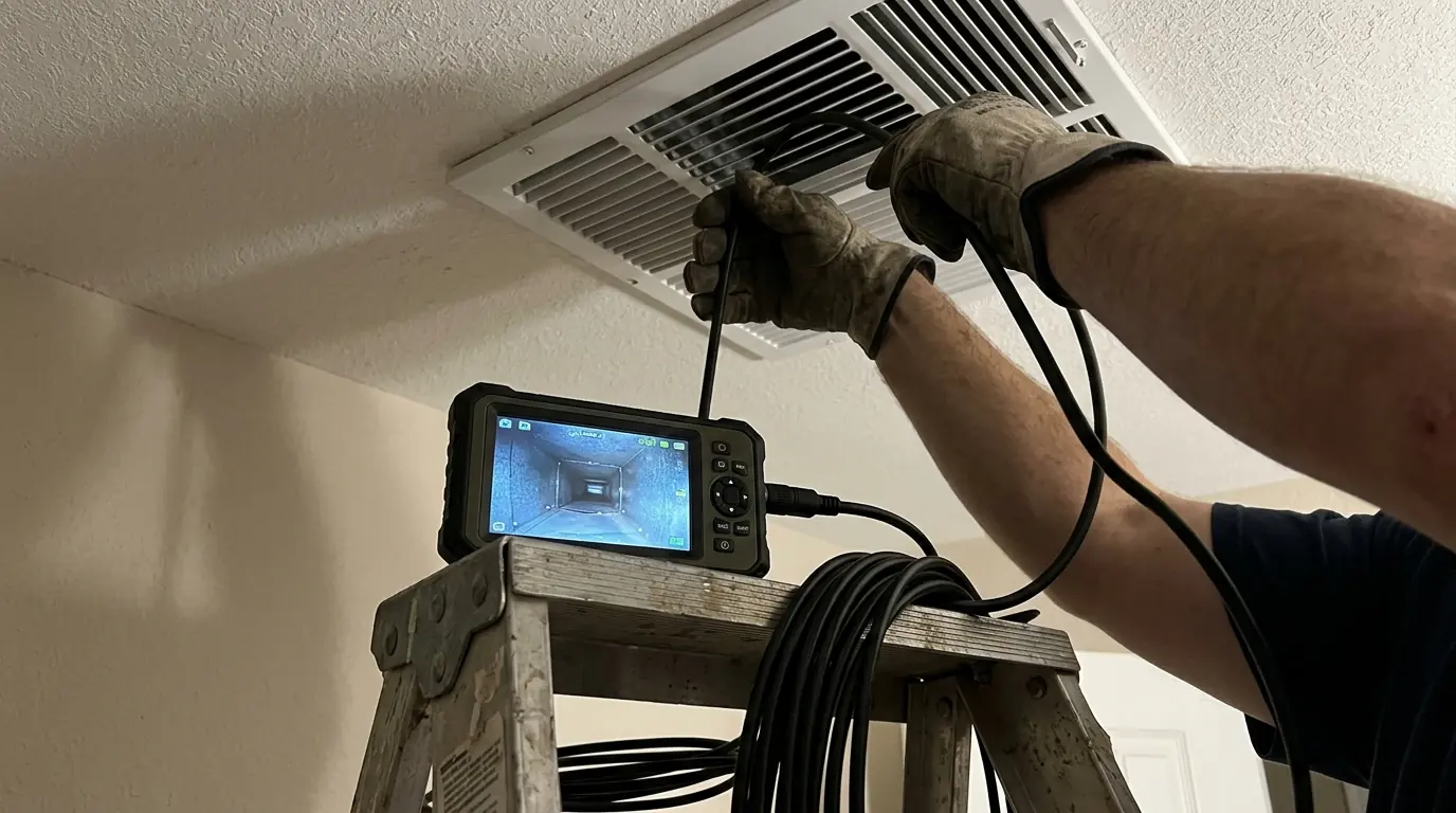 Camera inspection of a duct interior through a ceiling register in Newark