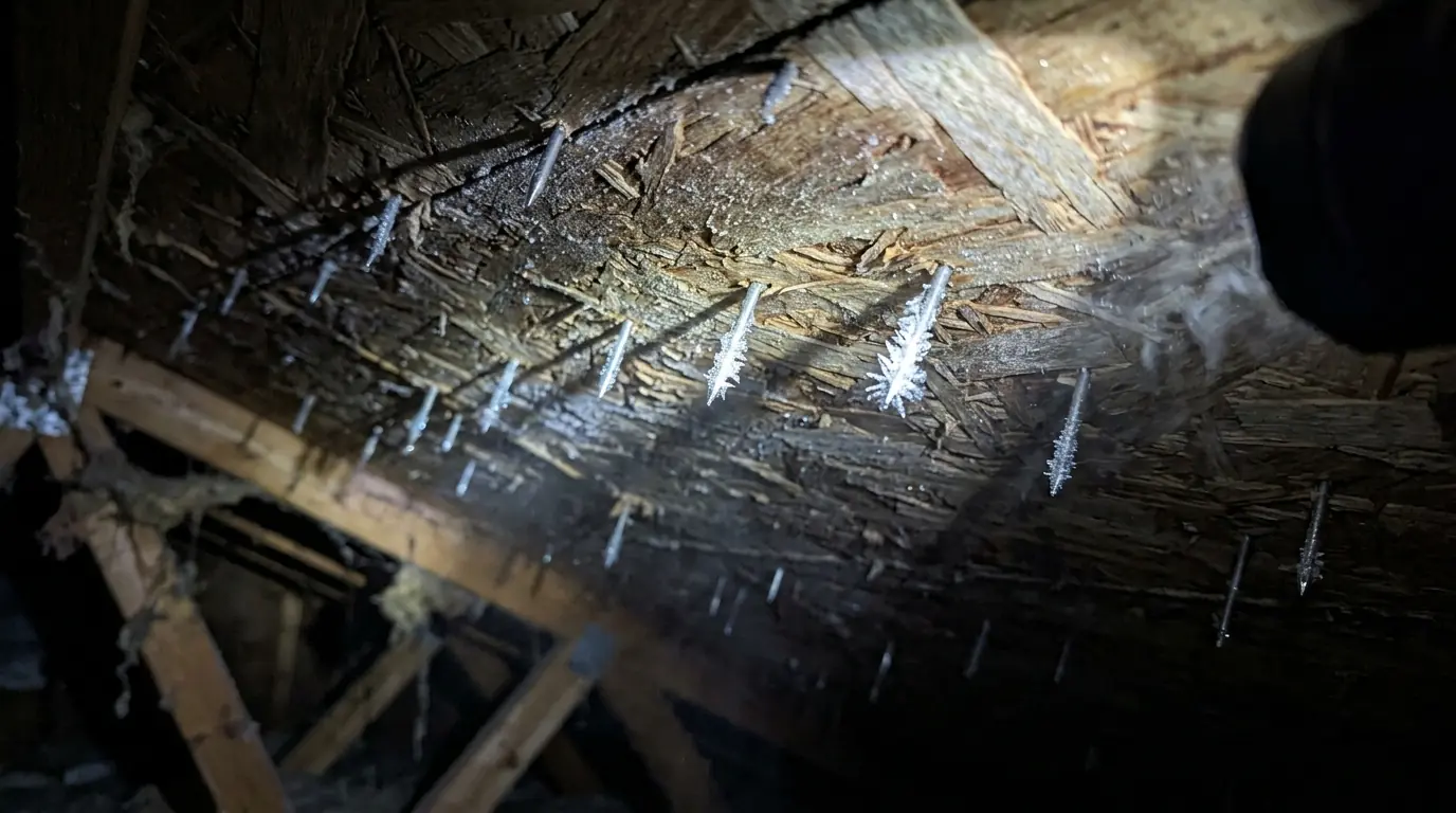 Frost on roofing nail tips in an attic on a cold New Jersey morning