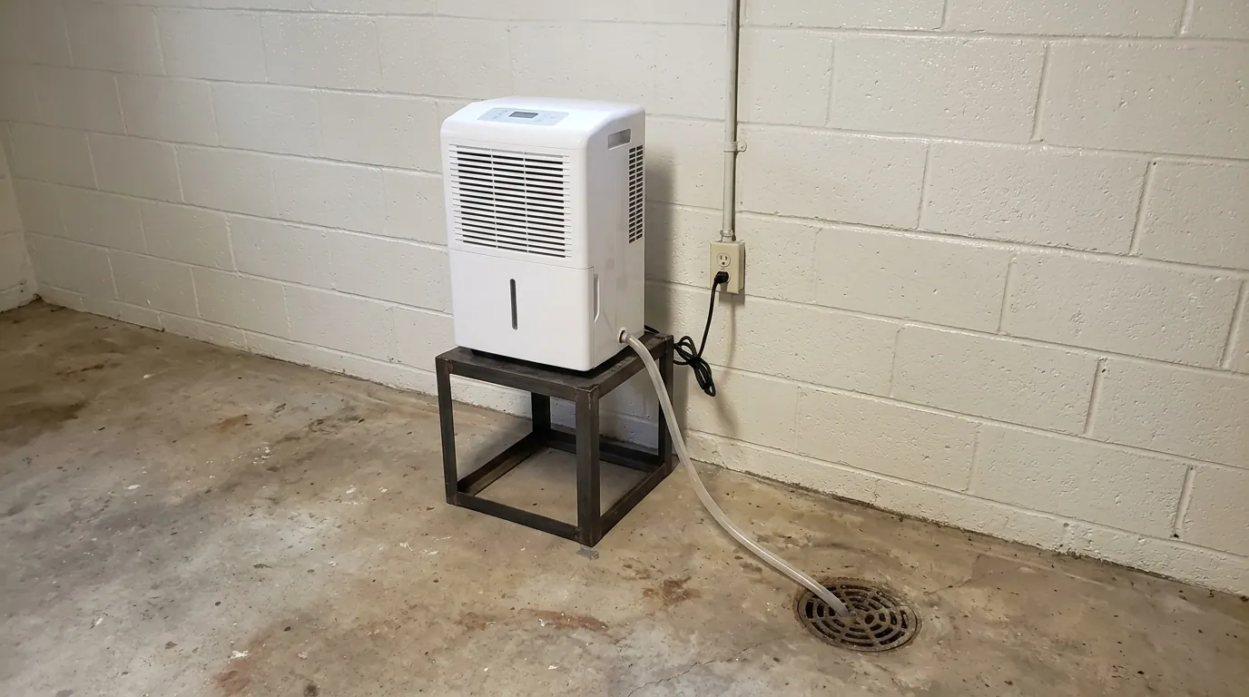 Basement dehumidifier draining to a floor drain in a Newark home