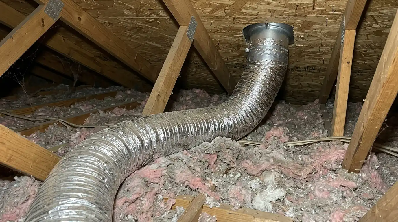 Insulated bath fan duct run to a roof cap in a Newark attic