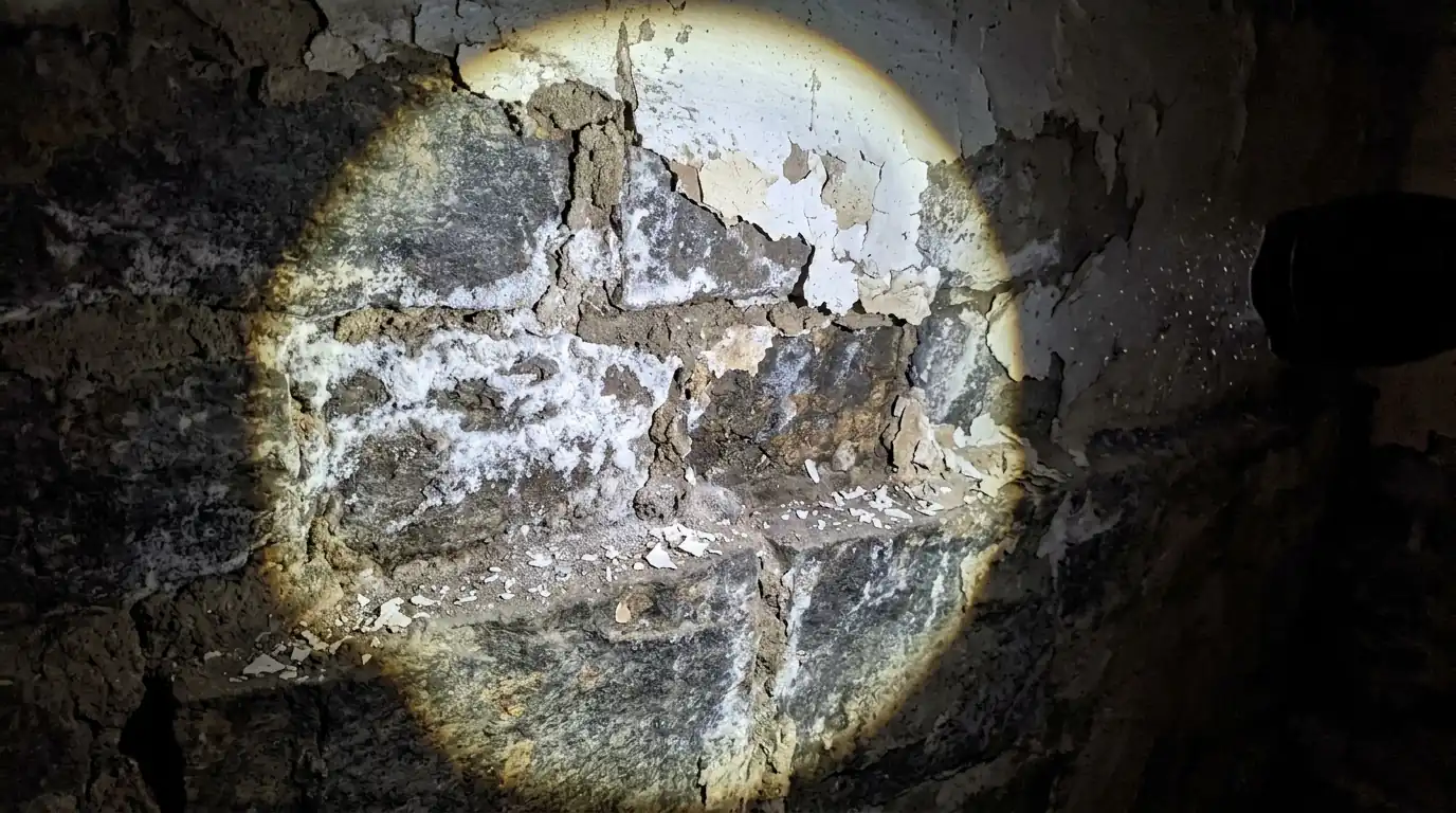 Damp stone foundation wall with efflorescence in a Newark basement