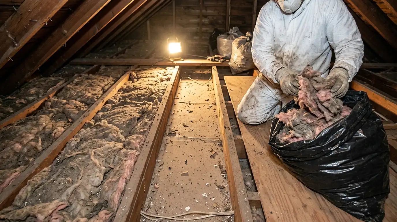 Old insulation removed from an attic before mold cleanup in Newark