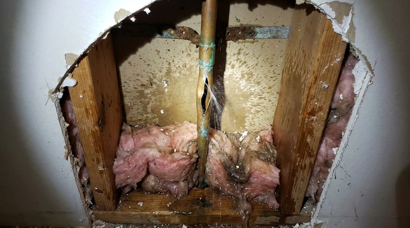 Burst pipe inside a wall after a freeze in a Newark home