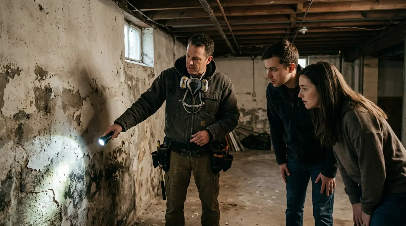 Mold inspector walking buyers through basement findings before closing in Newark, NJ