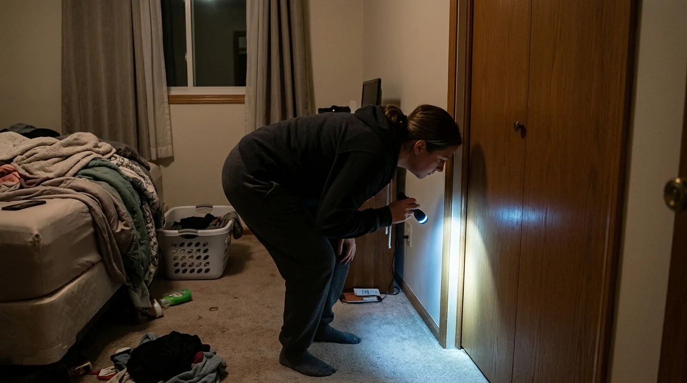 Checking a closet on an outside wall for a musty smell in a Newark home