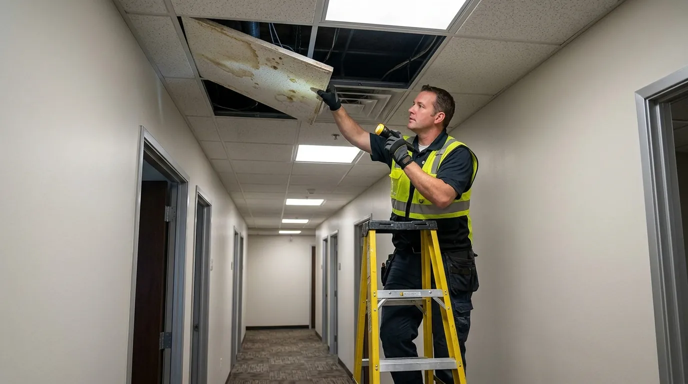 Inspector checking above a stained drop ceiling tile in a Newark, NJ office