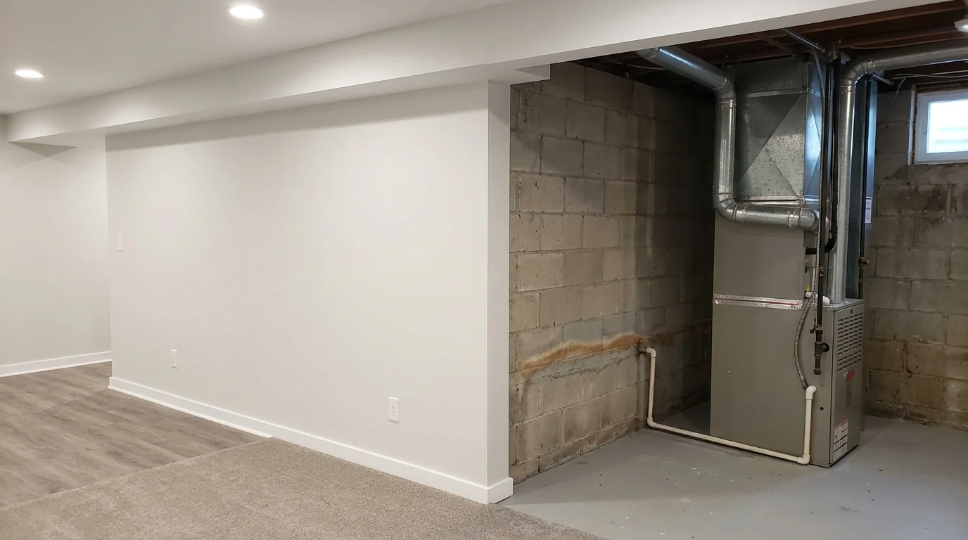 Basement with an old waterline checked during a home purchase near Newark