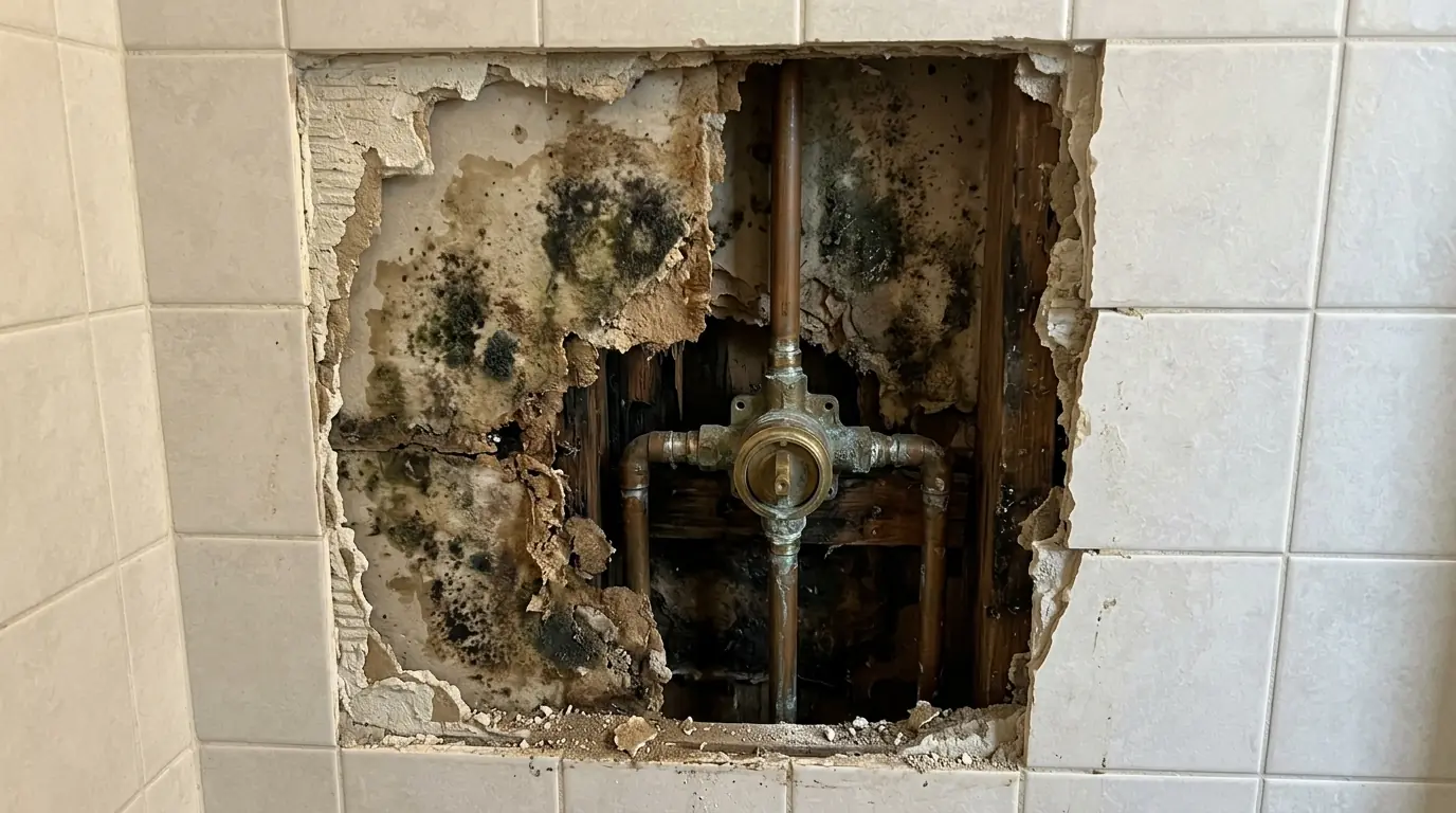 Shower wall opened to expose moldy backer board in Newark