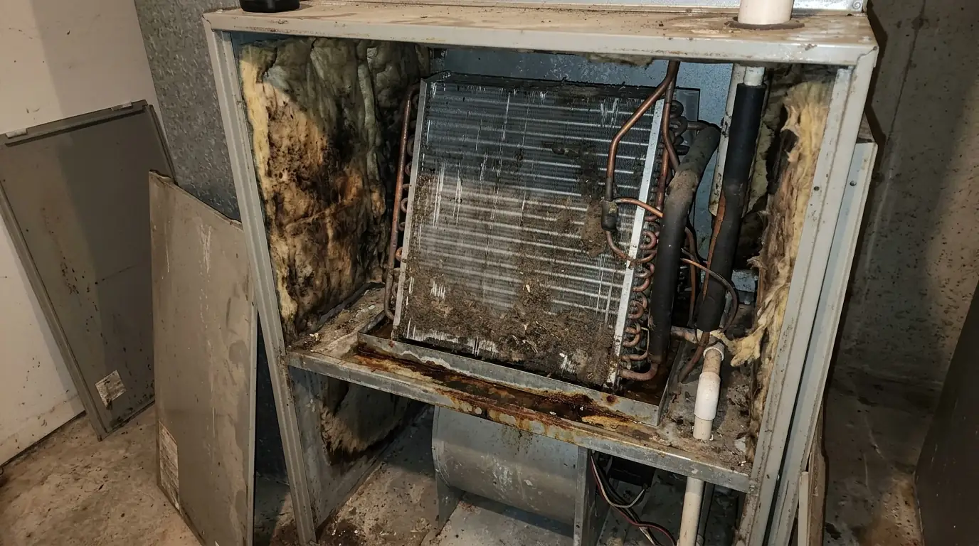 Dirty coil and stained lining inside an air handler in a Newark home