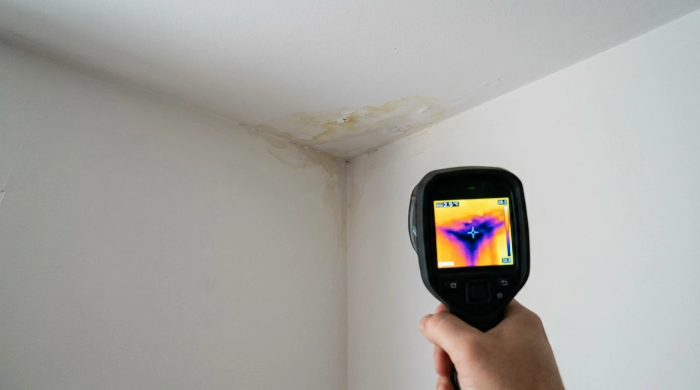Ceiling leak stain scanned with a thermal camera in a Newark bedroom