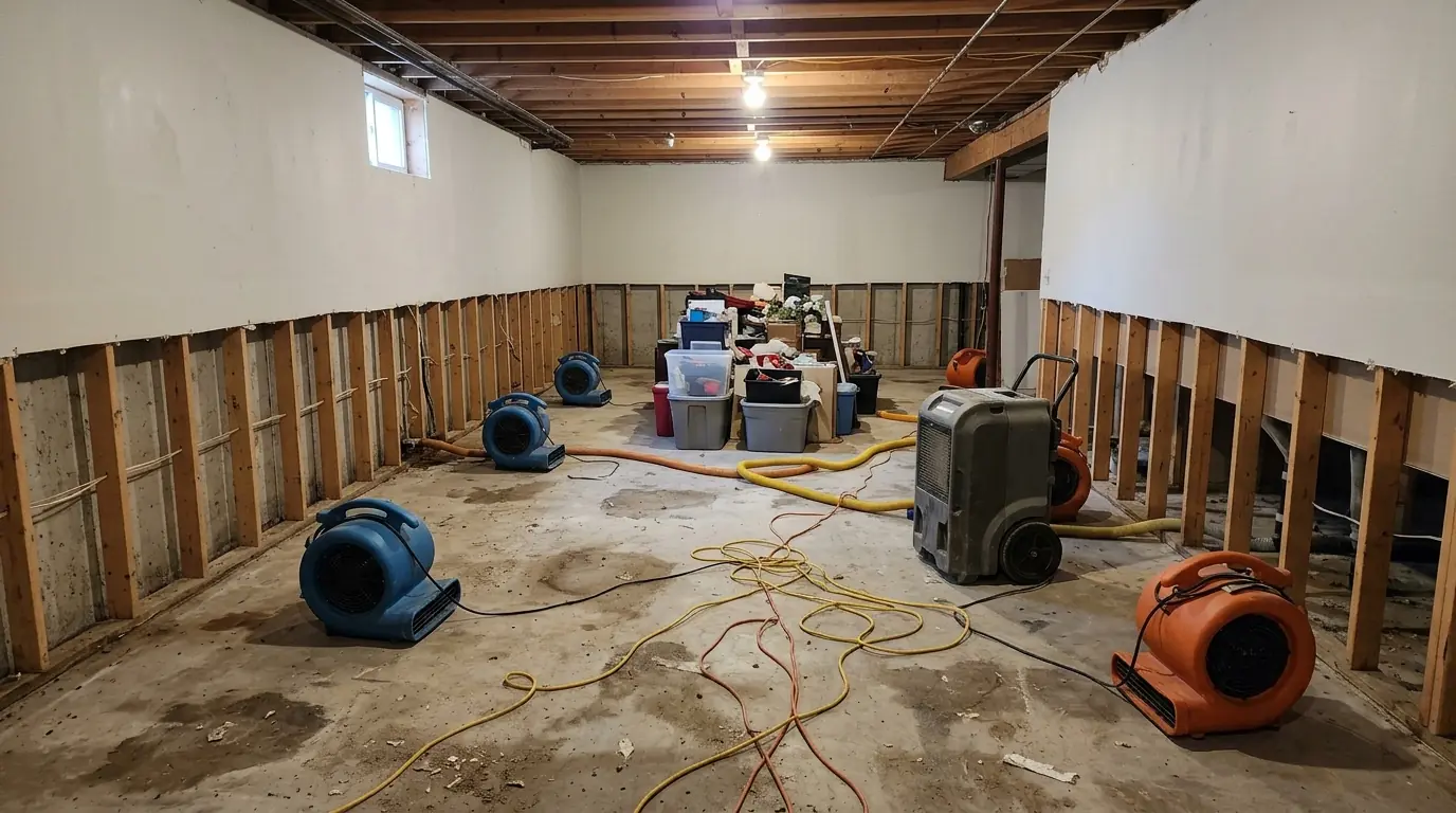 Drying equipment running in a Newark basement after a flood