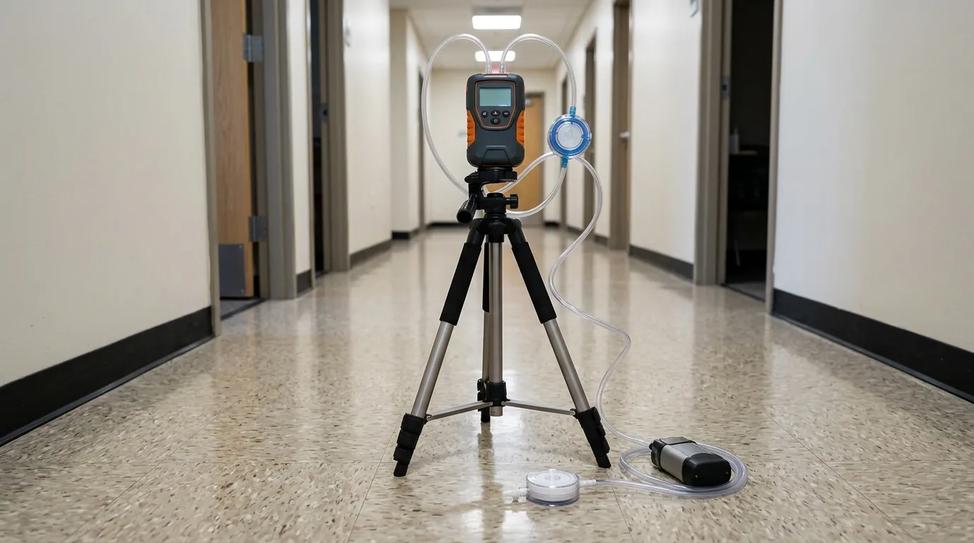 Air sampling and dust sampling equipment side by side in a Newark home