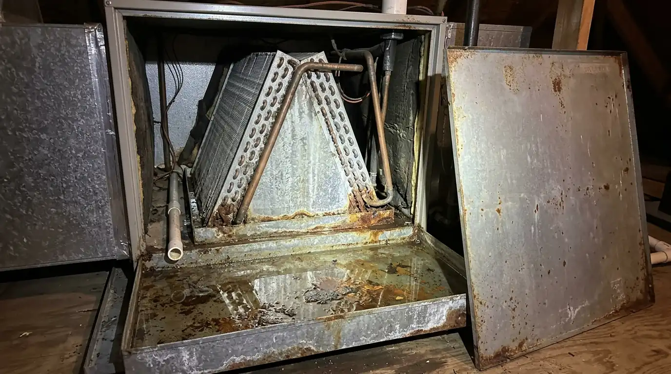Air handler drain pan with standing water inspected for a musty AC smell