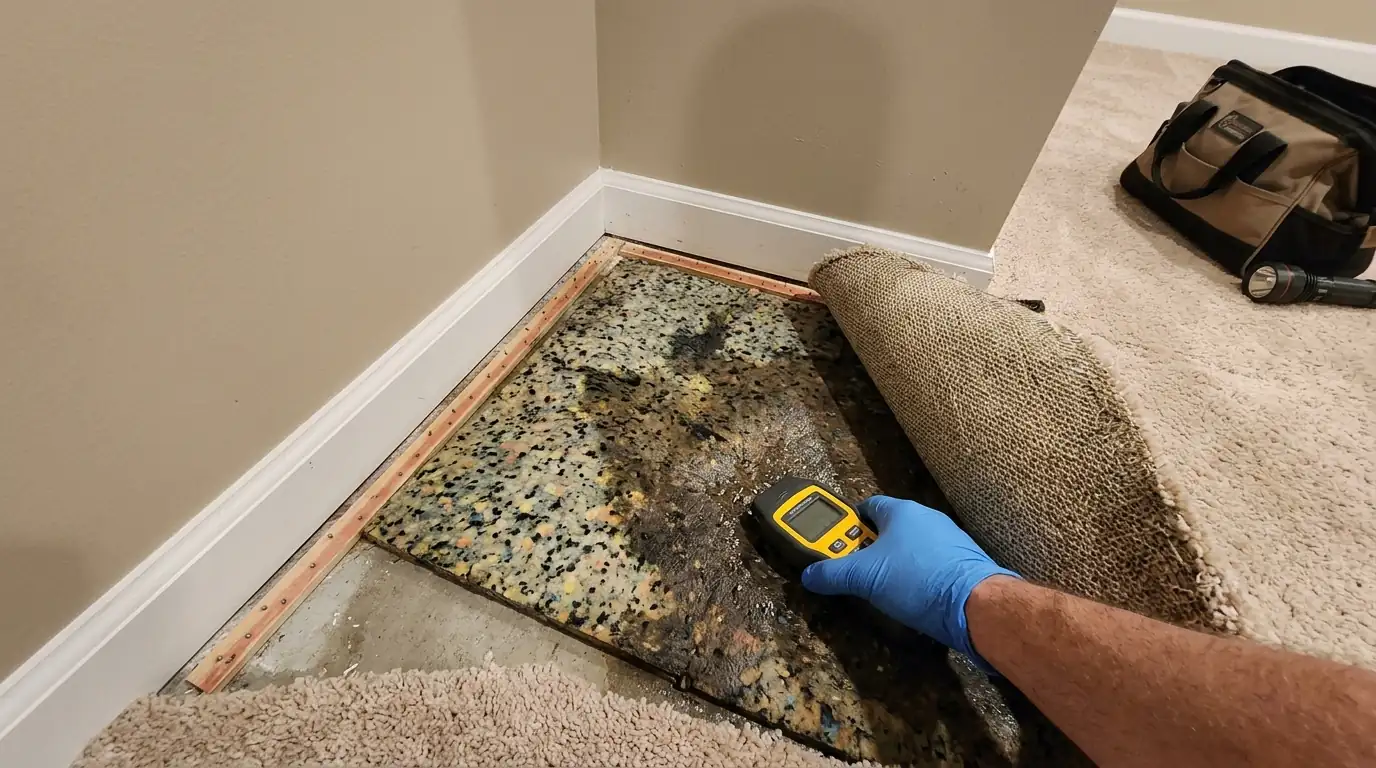 Damp carpet pad found behind a musty basement corner in Newark