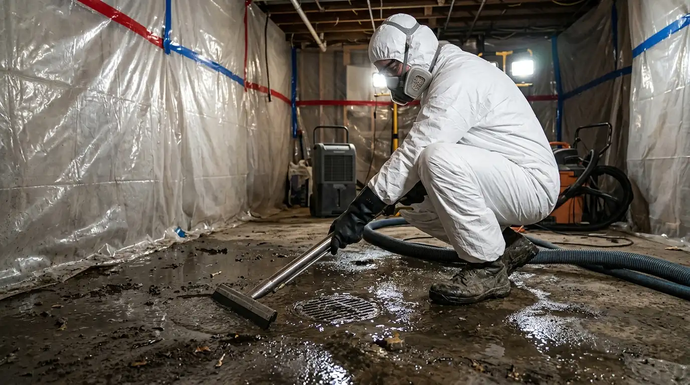 Technician in protective gear cleaning up a basement sewage backup in Newark, NJ