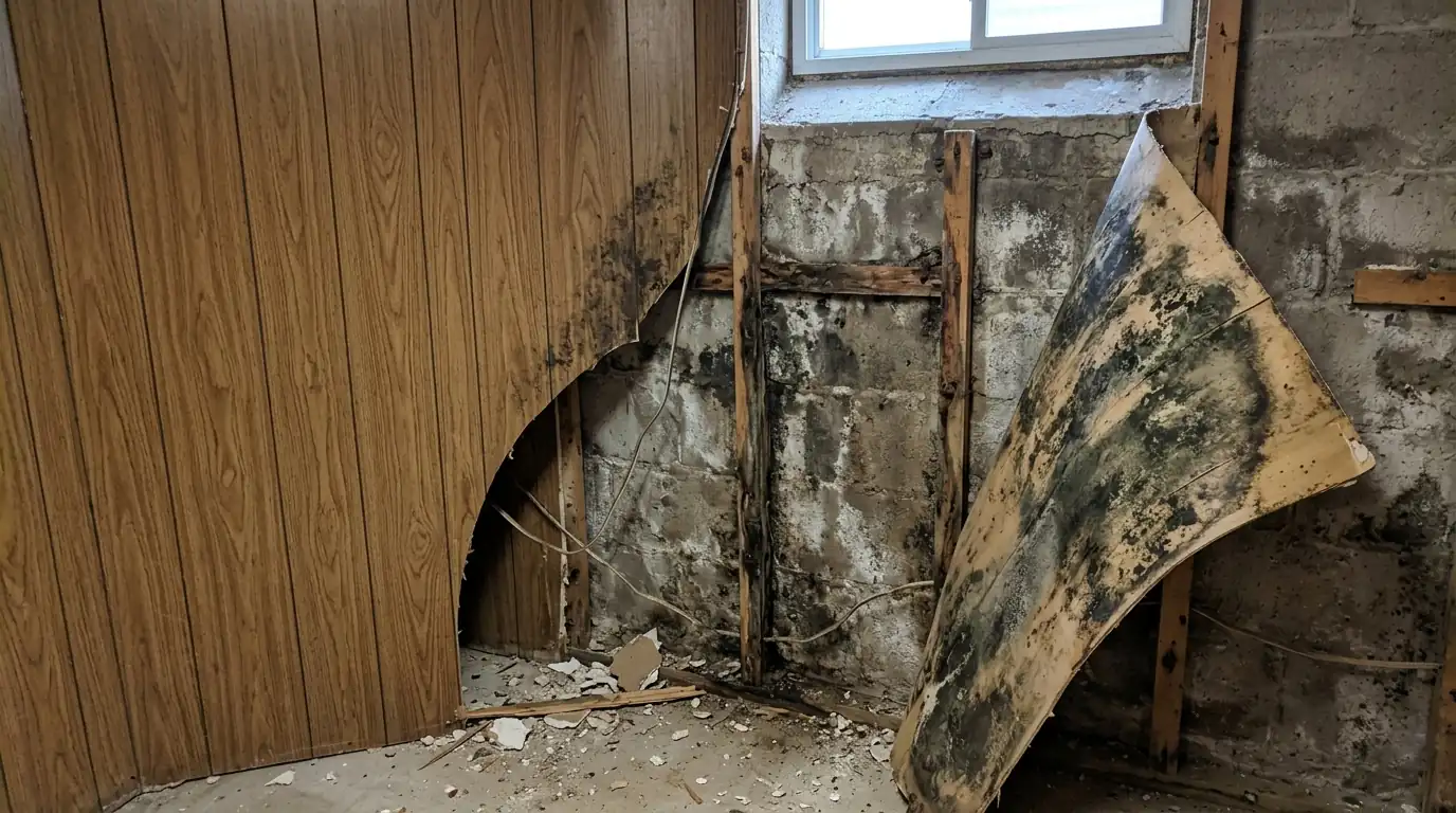 Mold on the back of basement paneling found during removal in Newark