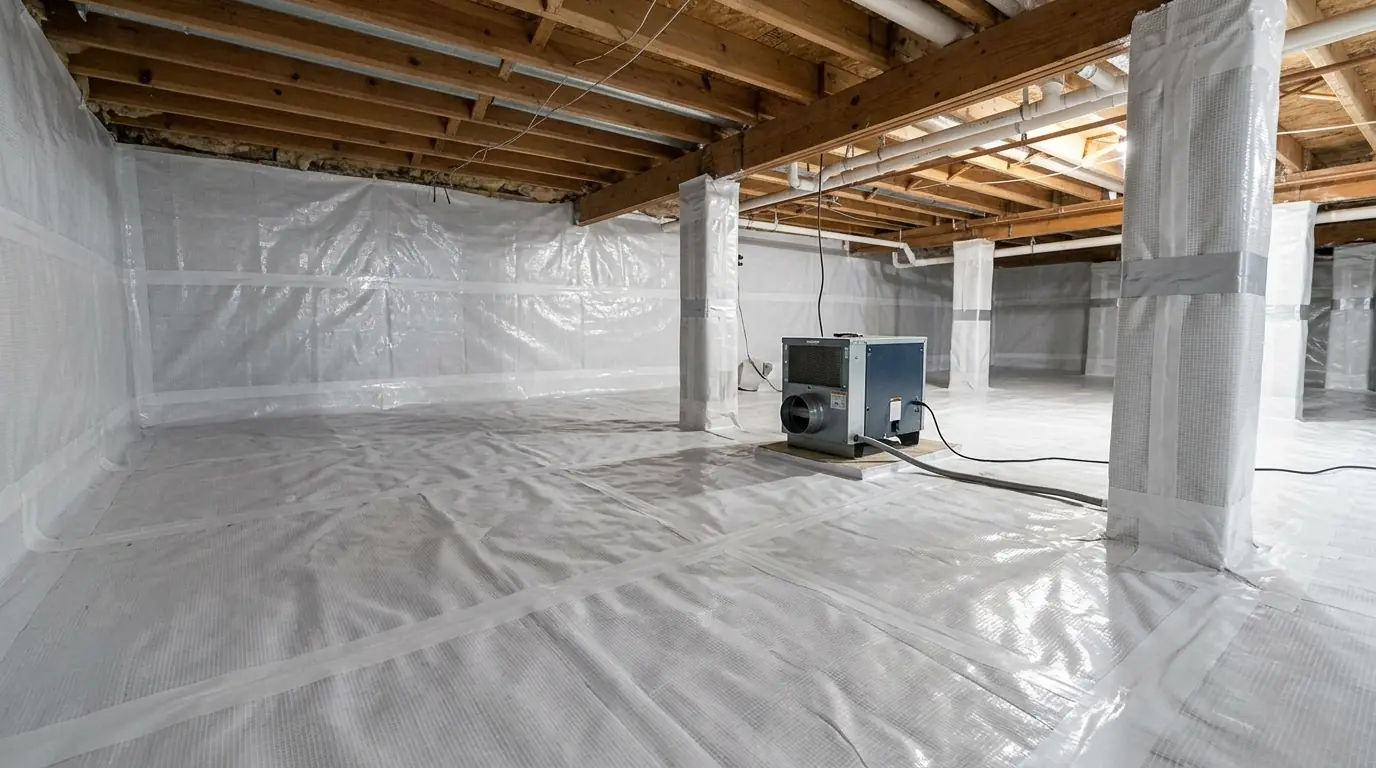 Encapsulated crawl space with a sealed white liner under a home near Newark, NJ