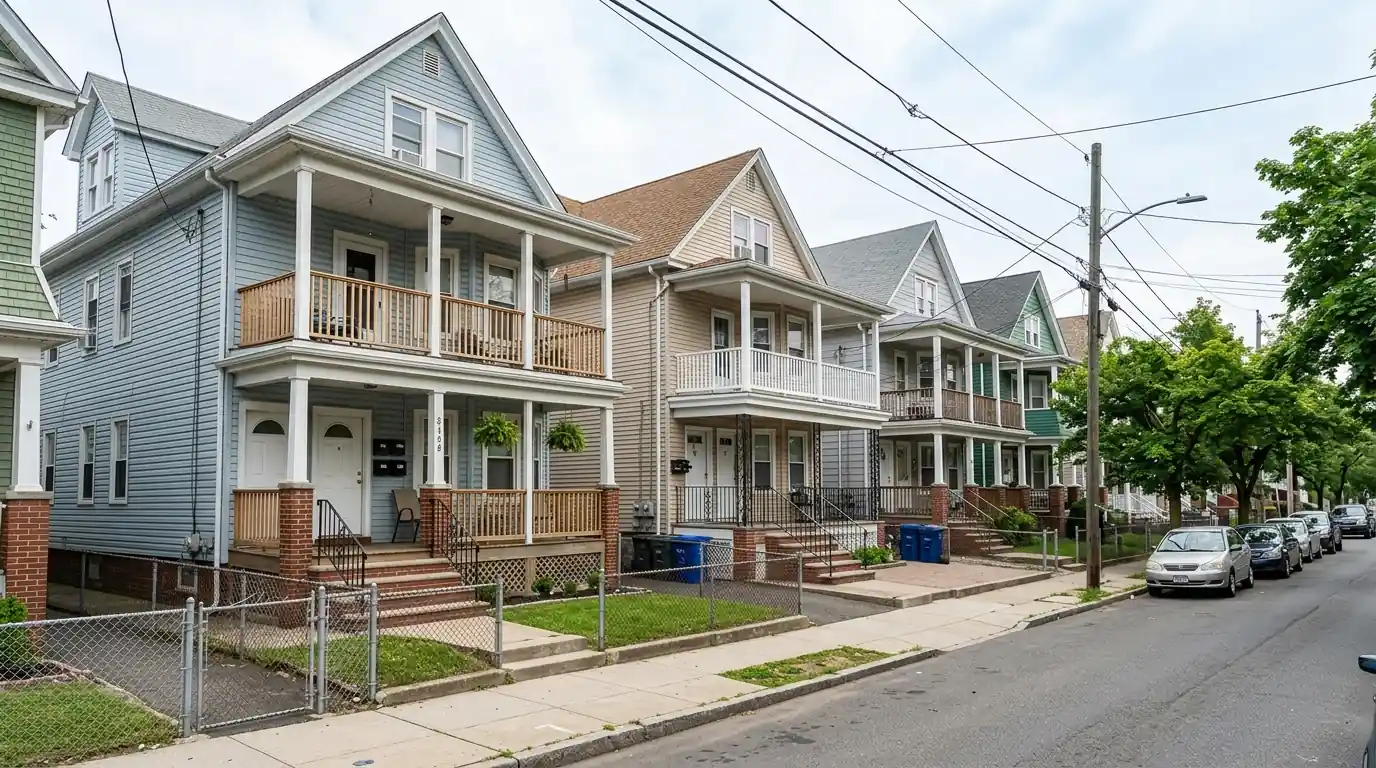 Two-family houses with porches on a Vailsburg street in Newark, NJ