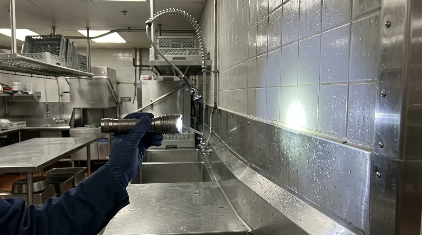 Dish area wall inspected for moisture in a Newark restaurant kitchen