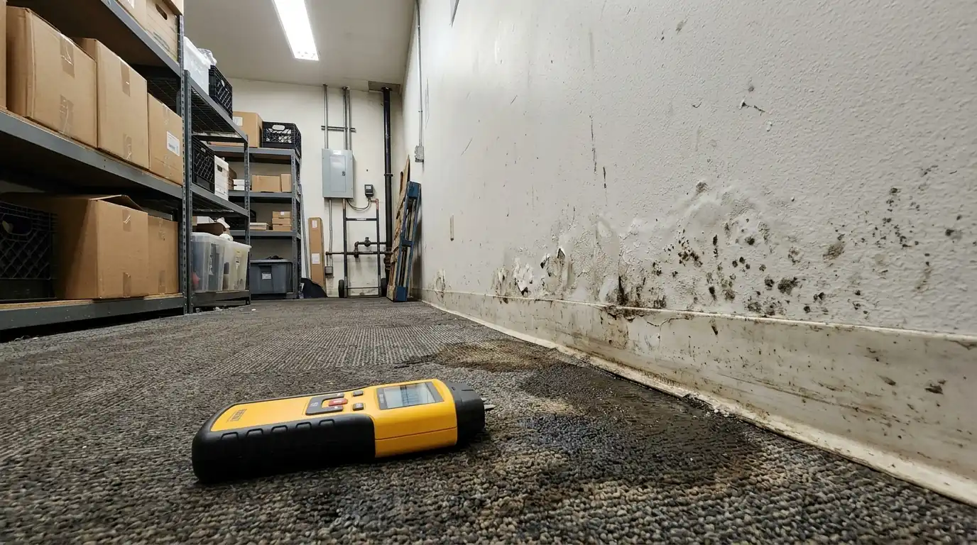 Damp carpet along an exterior wall in a Newark retail space