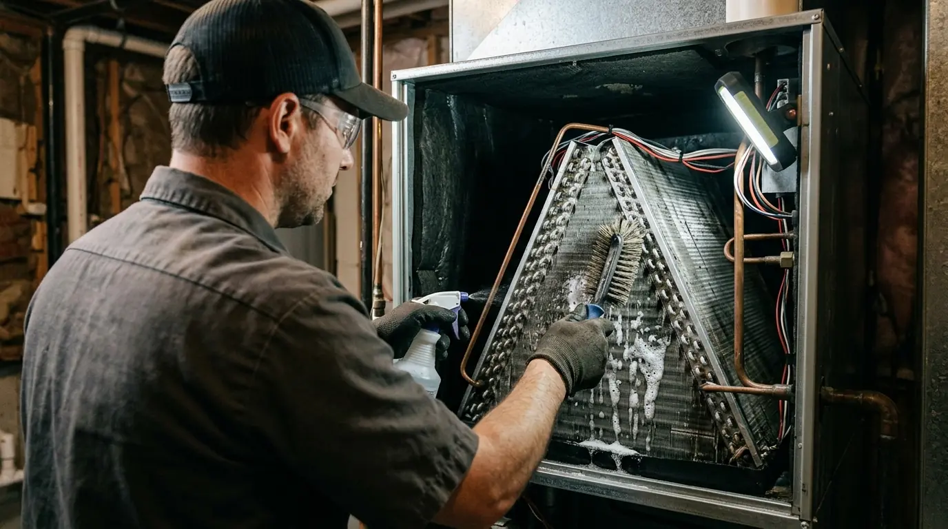 Evaporator coil being cleaned during HVAC mold cleaning in Newark, NJ